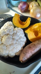 cauliflower, sweet potato and wedges of kabocha squash, oiled and ready for the oven.