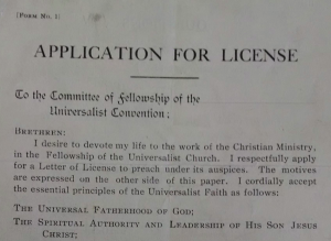 Universalist Church licence application (detail), 1920